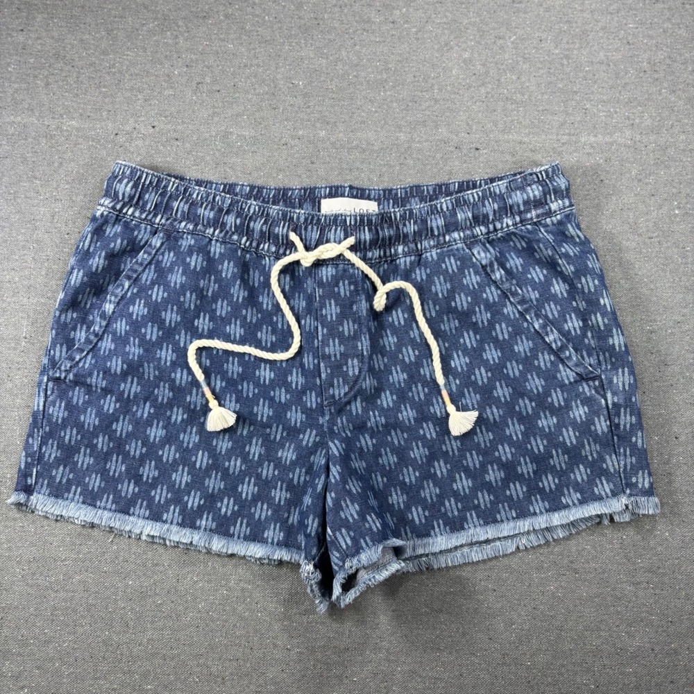 LOFT Ikat Print Linen Shorts Womens M Blue NWT Frayed Hem Drawstring Summer